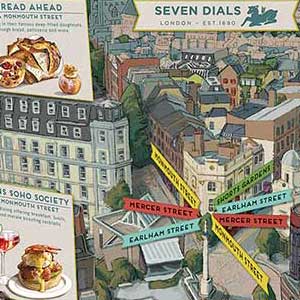 An illustrated food and drink map of Seven Dials, London.